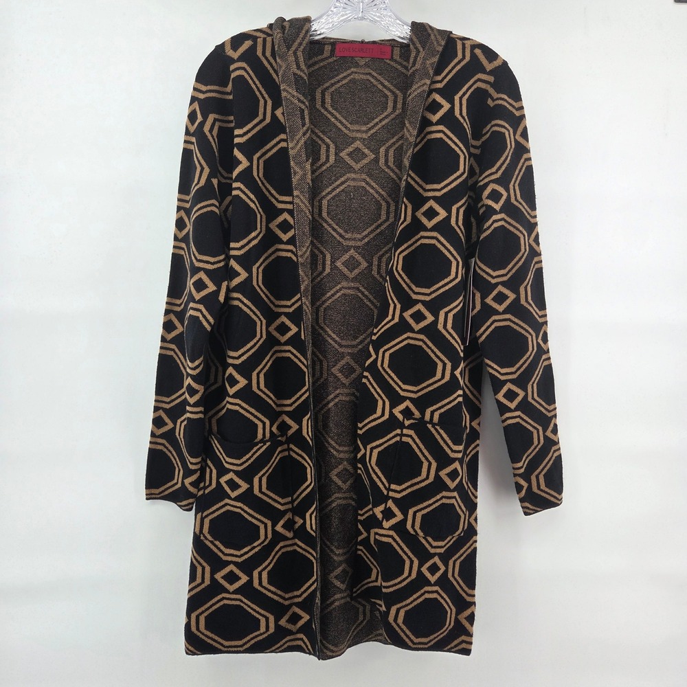 Love Scarlett Hooded Cardigan S Black Geometric Boho Eclectic Art-Inspired Knit‎